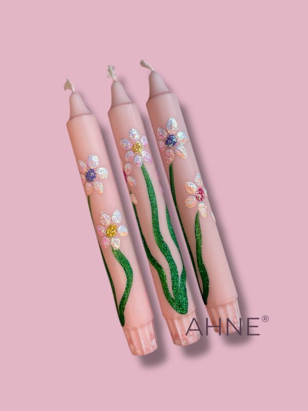 3STK HÅNDLAVET STEARINLYS MED GLITTER BLOMSTER