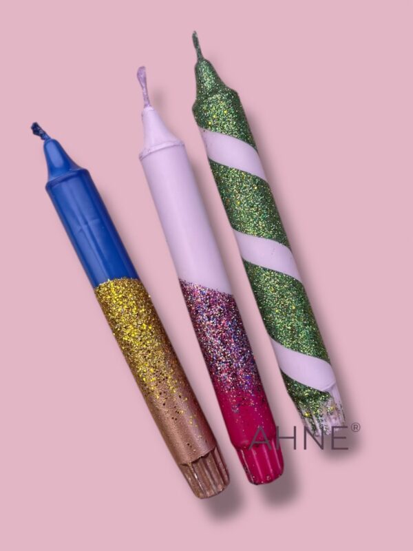 3STK HÅNDLAVET STEARINLYS i mørkeblå og lilla med glitter